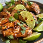 ['Close-up view of juicy Spicy Honey Lime Chicken garnished with cilantro and lime wedges.', 'Side view of marinated chicken with a glossy spicy honey-lime glaze, topped with herbs.', 'Succulent pieces of chicken thighs drenched in a vibrant honey-lime sauce, served on a plate.', 'Deliciously cooked chicken with a shiny honey-lime coating, featuring fresh cilantro and lime slices.']