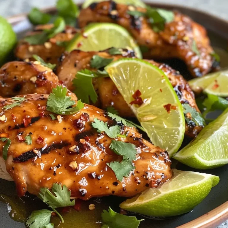 ['Close-up view of juicy Spicy Honey Lime Chicken garnished with cilantro and lime wedges.', 'Side view of marinated chicken with a glossy spicy honey-lime glaze, topped with herbs.', 'Succulent pieces of chicken thighs drenched in a vibrant honey-lime sauce, served on a plate.', 'Deliciously cooked chicken with a shiny honey-lime coating, featuring fresh cilantro and lime slices.']