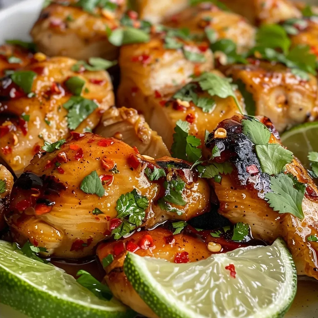 ['Close-up view of juicy Spicy Honey Lime Chicken garnished with cilantro and lime wedges.', 'Side view of marinated chicken with a glossy spicy honey-lime glaze, topped with herbs.', 'Succulent pieces of chicken thighs drenched in a vibrant honey-lime sauce, served on a plate.', 'Deliciously cooked chicken with a shiny honey-lime coating, featuring fresh cilantro and lime slices.']