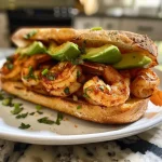['Juicy spicy shrimp sandwich with avocado on a wooden surface.', 'Close-up view of a sandwich filled with seasoned shrimp and creamy mayonnaise.', 'A delicious sandwich showcasing shrimp, avocado, and spices against a blurred background.', 'Side view of a spicy shrimp sandwich on a plate, highlighting its vibrant colors and textures.']