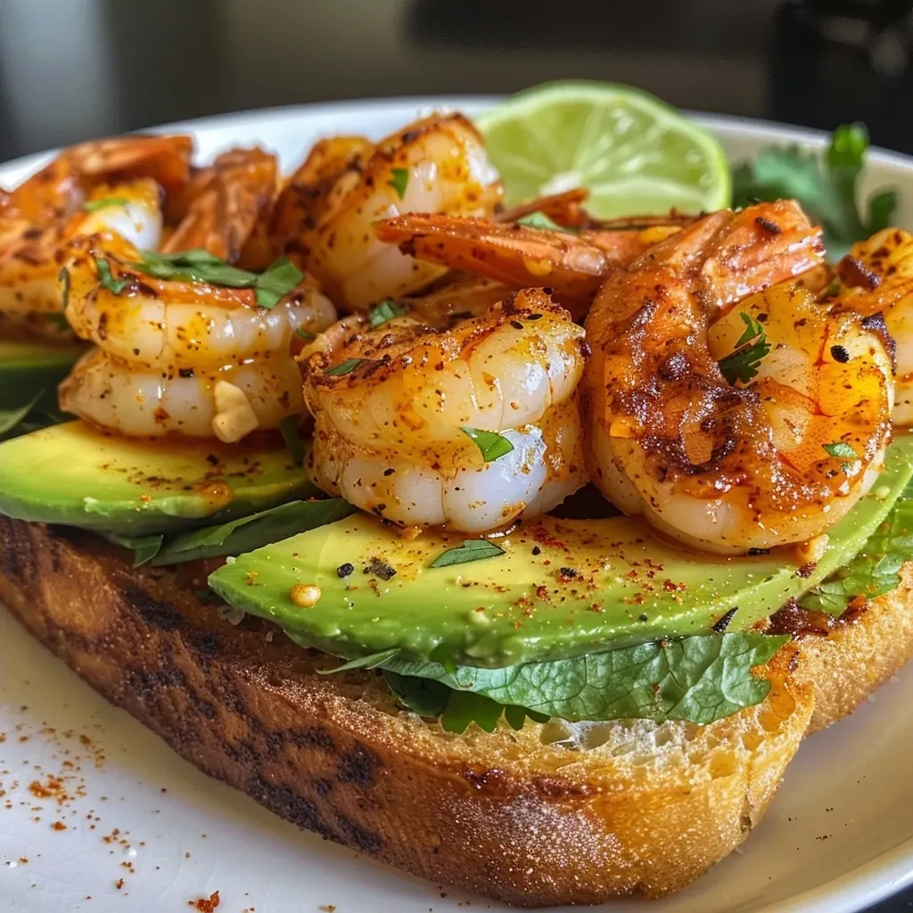['Juicy spicy shrimp sandwich with avocado on a wooden surface.', 'Close-up view of a sandwich filled with seasoned shrimp and creamy mayonnaise.', 'A delicious sandwich showcasing shrimp, avocado, and spices against a blurred background.', 'Side view of a spicy shrimp sandwich on a plate, highlighting its vibrant colors and textures.']