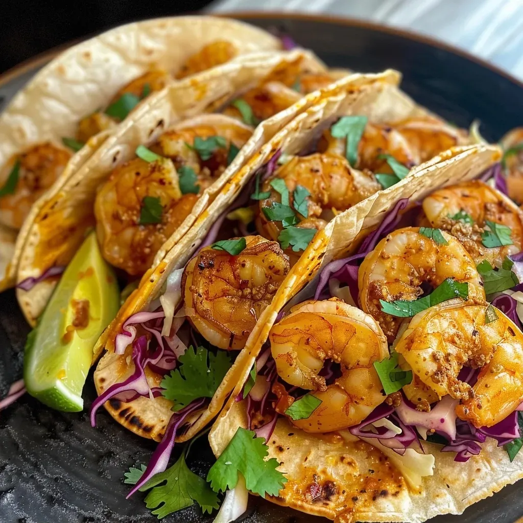 ['A close-up view of spicy shrimp tacos, topped with colorful cilantro lime slaw.', 'Juicy shrimp tacos garnished with fresh cabbage, carrots, and lime, on a wooden surface.', 'A vibrant arrangement of spicy shrimp tacos with shredded slaw and lime wedges, captured from the side.', 'Close-up of delicious spicy shrimp tacos filled with colorful vegetables and lime slices.']