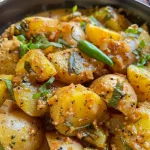 ['Close-up view of Sri Lankan creamy potato curry in a bowl with rich coconut milk and spices.', 'Side view of a colorful serving of Sri Lankan creamy potato curry garnished with green chili.', 'A detailed shot of creamy potato curry showcasing chunks of potatoes and herbs in sauce.', 'Close-up detail of a bowl of Sri Lankan creamy potato curry with visible ingredients like curry leaves.']