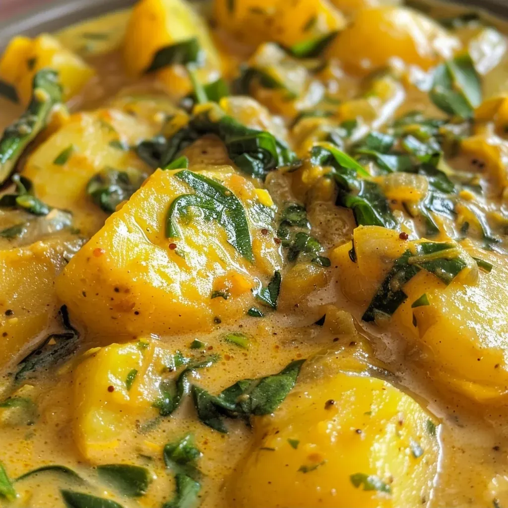 ['Close-up view of Sri Lankan creamy potato curry in a bowl with rich coconut milk and spices.', 'Side view of a colorful serving of Sri Lankan creamy potato curry garnished with green chili.', 'A detailed shot of creamy potato curry showcasing chunks of potatoes and herbs in sauce.', 'Close-up detail of a bowl of Sri Lankan creamy potato curry with visible ingredients like curry leaves.']