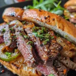 ['Juicy steak sandwich with melted cheese, grilled onions, and peppers on a hoagie roll.', 'Close-up of a flavorful steak sandwich topped with fresh arugula and cheese.', 'Side view of a hearty steak sandwich with vibrant green bell peppers and a golden crust.', 'Delicious steak sandwich showcasing tender steak, provolone cheese, and fresh garnishes.']