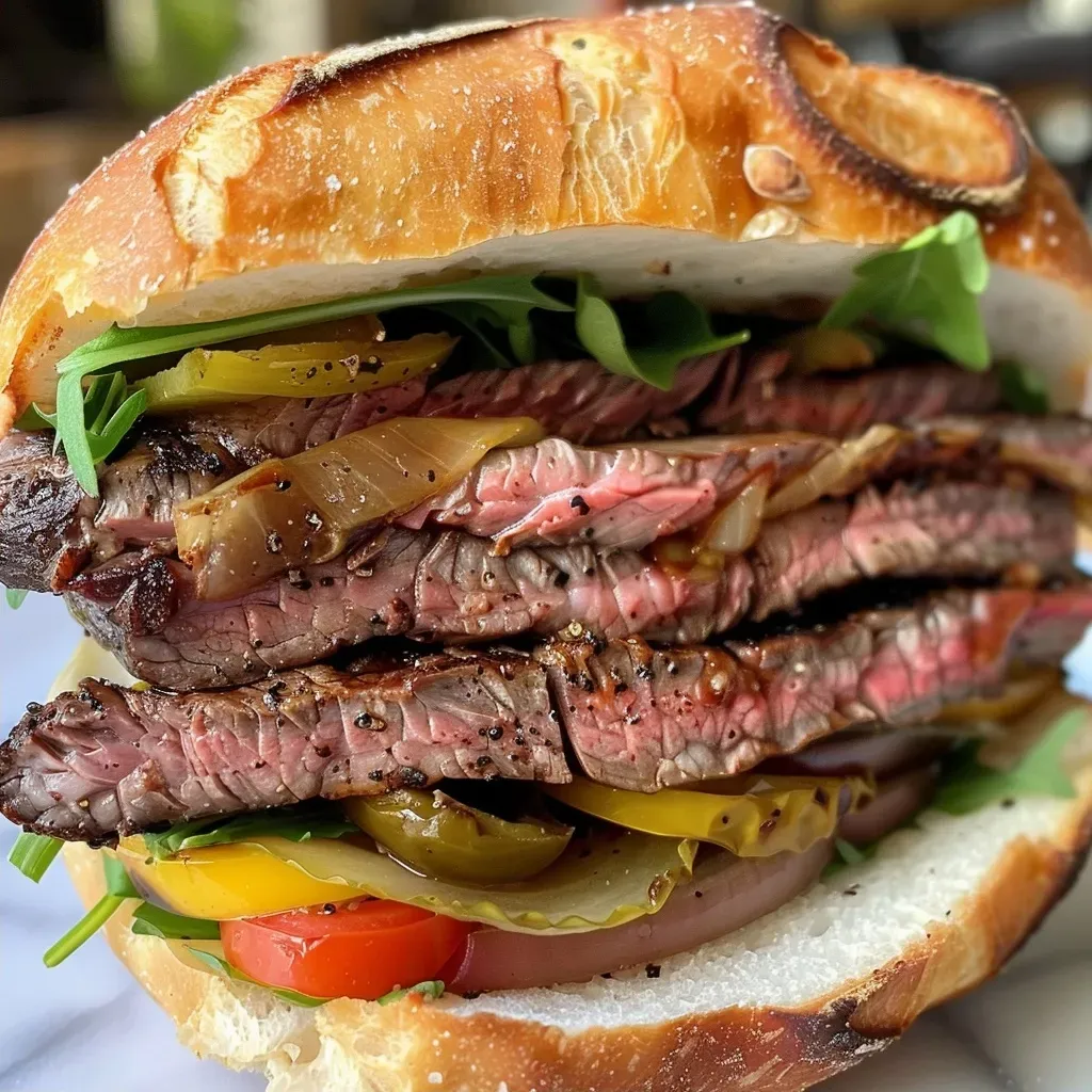 ['Juicy steak sandwich with melted cheese, grilled onions, and peppers on a hoagie roll.', 'Close-up of a flavorful steak sandwich topped with fresh arugula and cheese.', 'Side view of a hearty steak sandwich with vibrant green bell peppers and a golden crust.', 'Delicious steak sandwich showcasing tender steak, provolone cheese, and fresh garnishes.']