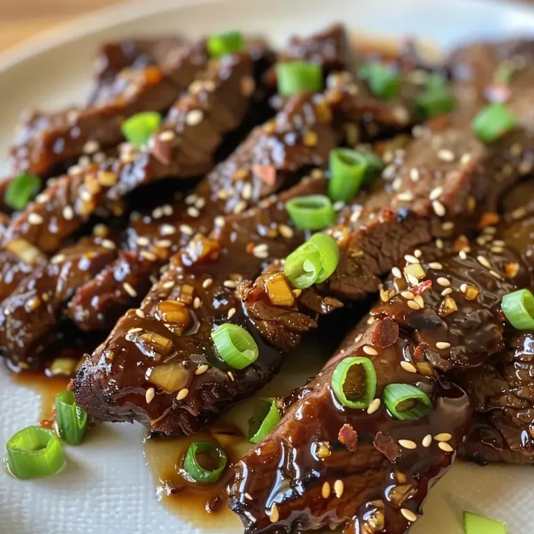 ['Close-up of juicy sticky honey garlic beef garnished with green onions and sesame seeds.', 'Side view of tender flank steak glazed with a honey garlic sauce, topped with sliced green onions.', 'Detailed image of sticky honey garlic beef, showcasing a shiny, caramelized surface and sesame seeds.', 'Succulent pieces of beef in a rich honey garlic sauce with fresh green onions scattered on top.']