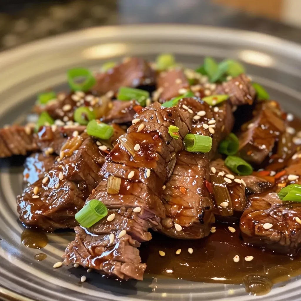 ['Close-up of juicy sticky honey garlic beef garnished with green onions and sesame seeds.', 'Side view of tender flank steak glazed with a honey garlic sauce, topped with sliced green onions.', 'Detailed image of sticky honey garlic beef, showcasing a shiny, caramelized surface and sesame seeds.', 'Succulent pieces of beef in a rich honey garlic sauce with fresh green onions scattered on top.']