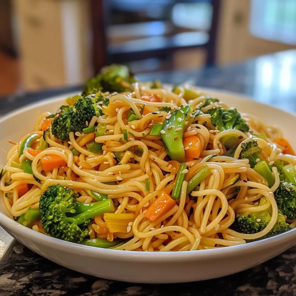 Close-up view of Stir-Fry Garlic Noodles with colorful vegetables.