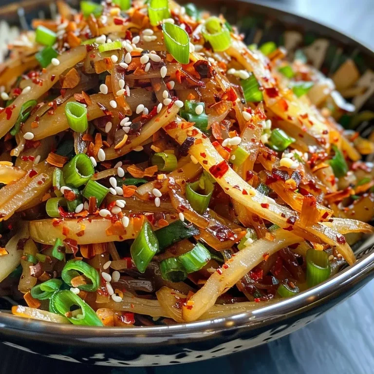 ['Close-up view of crispy shredded potato stir fry with vibrant colors.', 'Detailed shot of a Szechuan-style potato dish garnished with sesame seeds.', 'Side angle of a delicious plate of crispy shredded potatoes with spices.', 'Close-up of Szechuan-style potatoes topped with spring onions and garlic.']