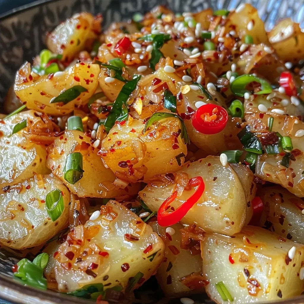 ['Close-up view of crispy shredded potato stir fry with vibrant colors.', 'Detailed shot of a Szechuan-style potato dish garnished with sesame seeds.', 'Side angle of a delicious plate of crispy shredded potatoes with spices.', 'Close-up of Szechuan-style potatoes topped with spring onions and garlic.']