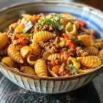 ['Close-up view of a delicious Taco Pasta dish with colorful ingredients.', 'Juicy Taco Pasta in a bowl, showcasing ground beef and cheese toppings.', 'Side view of Taco Pasta garnished with cheese and diced vegetables.', 'A vibrant serving of Taco Pasta featuring red bell peppers and crispy beef.']