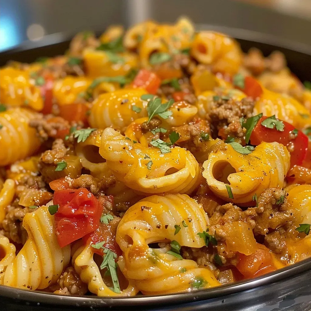 ['Close-up view of a delicious Taco Pasta dish with colorful ingredients.', 'Juicy Taco Pasta in a bowl, showcasing ground beef and cheese toppings.', 'Side view of Taco Pasta garnished with cheese and diced vegetables.', 'A vibrant serving of Taco Pasta featuring red bell peppers and crispy beef.']