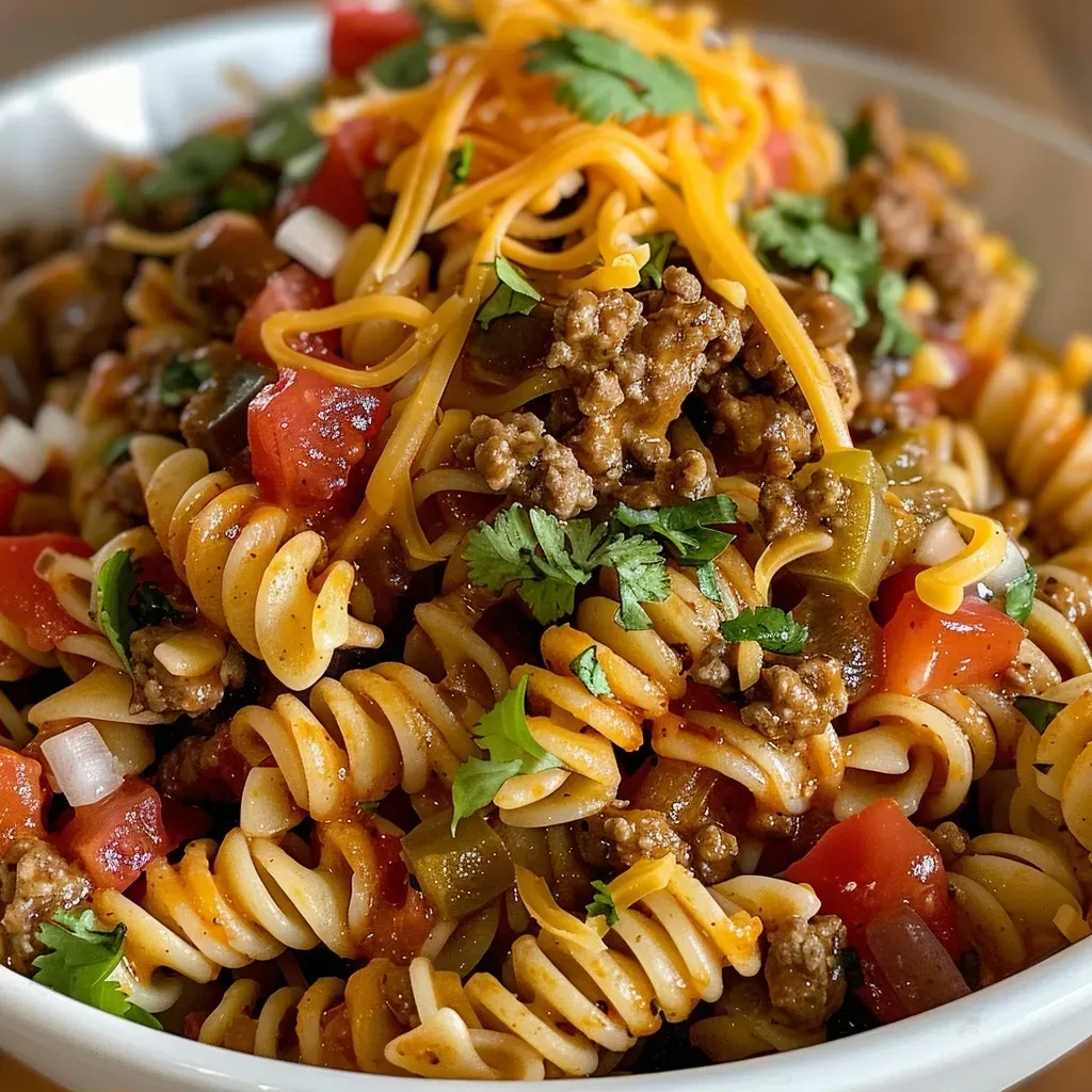 Close-up view of a colorful plate of Taco Pasta with cheese and toppings.