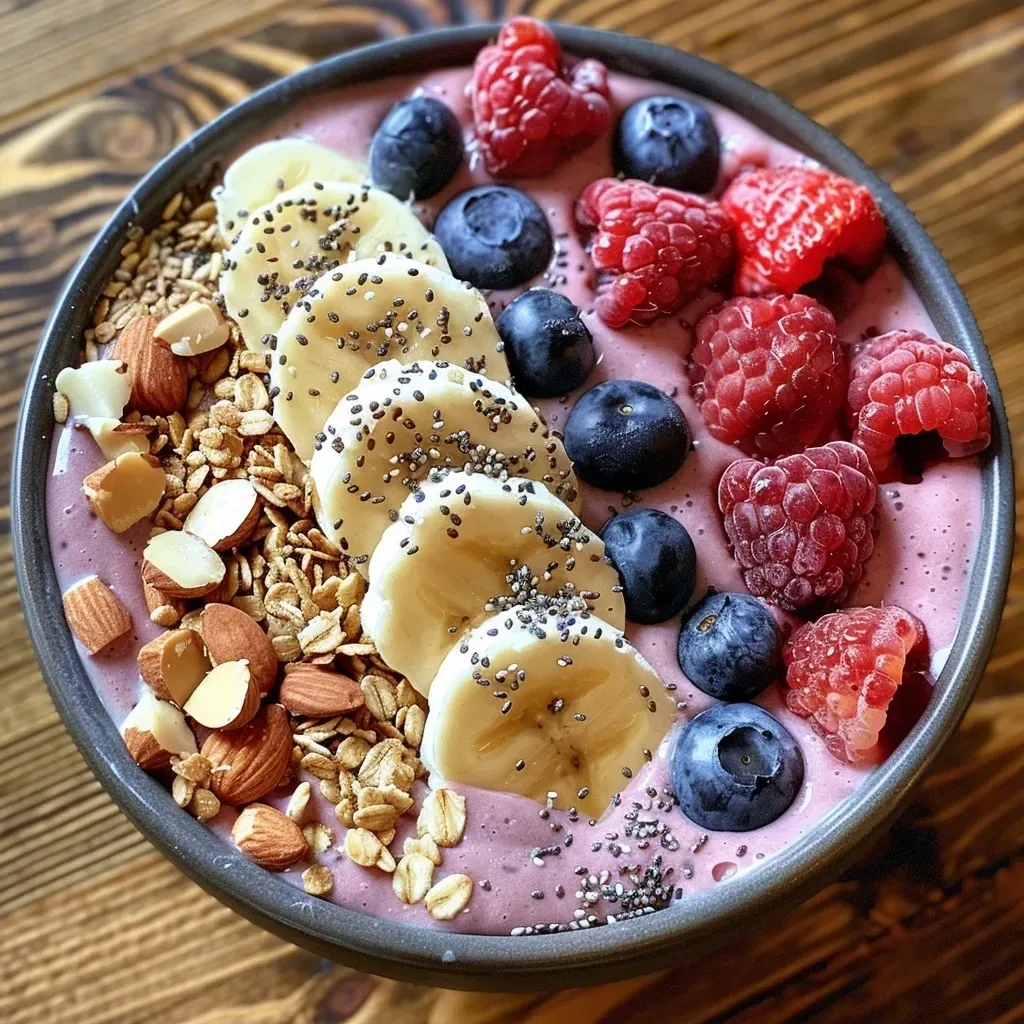 ['Close-up view of a thick smoothie bowl topped with fresh fruits and granola.', 'Side angle of a vibrant smoothie bowl featuring berries and nuts on top.', 'Textured thick smoothie bowl displaying colorful toppings like sliced bananas and seeds.', 'Rich smoothie bowl with a creamy consistency and a variety of fresh toppings.']
