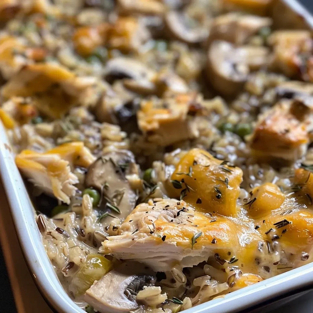 ['Juicy turkey casserole with melted cheese and pasta, seen from the side.', 'Close-up view of a delicious turkey casserole, featuring pasta and vegetables.', 'Side view of a turkey casserole with a golden cheesy topping and diced vegetables.', 'A serving of turkey casserole highlighting pasta, turkey, and herbs in a baking dish.']