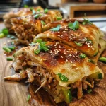 ['Close-up view of Five-Spice Turkey Green Onion Pancake Rolls showcasing juicy turkey filling.', 'Side view of Turkey Green Onion Pancake Rolls with vibrant cucumber and cilantro garnishes.', 'Juicy turkey pancake rolls displayed with a glossy hoisin sauce drizzle.', 'Succulent turkey and green onion pancakes arranged appetizingly with fresh herbs.']