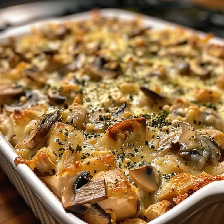 ['Close-up view of a golden-brown Turkey Mushroom Bake with melted cheddar cheese.', 'Side view of a layered Turkey Mushroom Bake, showcasing mushrooms and creamy cheese.', 'Appetizing Turkey Mushroom Bake with a crispy topping and creamy texture in a baking dish.', 'Juicy Turkey Mushroom Bake with visible ingredients, including chunks of turkey and mushrooms.']