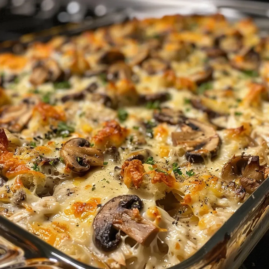 ['Close-up view of a golden-brown Turkey Mushroom Bake with melted cheddar cheese.', 'Side view of a layered Turkey Mushroom Bake, showcasing mushrooms and creamy cheese.', 'Appetizing Turkey Mushroom Bake with a crispy topping and creamy texture in a baking dish.', 'Juicy Turkey Mushroom Bake with visible ingredients, including chunks of turkey and mushrooms.']