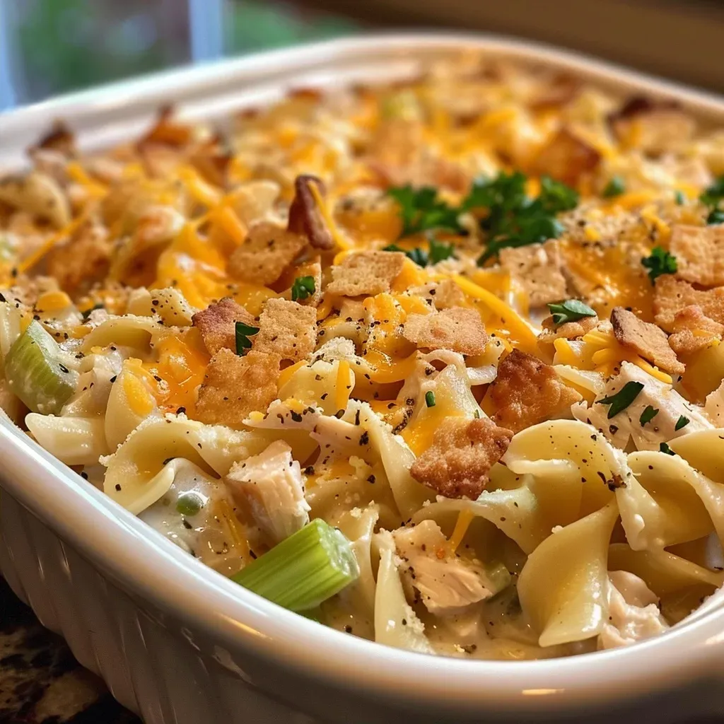 ['Close-up of a turkey noodle casserole with melted cheese on top.', 'Side view of a hearty turkey noodle casserole with crispy cracker topping.', 'Juicy turkey noodle casserole showcasing creamy layers and golden crust.', 'Delicious turkey noodle casserole served in a baking dish with a rich texture.']