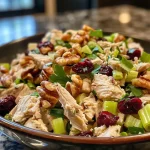 ['Close-up view of a colorful turkey salad with chopped vegetables and cranberries.', 'Side view of a hearty turkey salad loaded with celery, onions, and walnuts.', 'Juicy turkey salad featuring fresh greens and dried cranberries in a bowl.', 'Detailed shot of a turkey salad recipe with vibrant ingredients and a creamy dressing.']