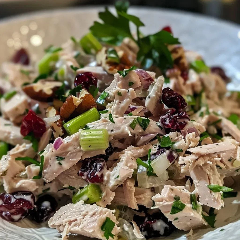 ['Close-up view of a colorful turkey salad with chopped vegetables and cranberries.', 'Side view of a hearty turkey salad loaded with celery, onions, and walnuts.', 'Juicy turkey salad featuring fresh greens and dried cranberries in a bowl.', 'Detailed shot of a turkey salad recipe with vibrant ingredients and a creamy dressing.']