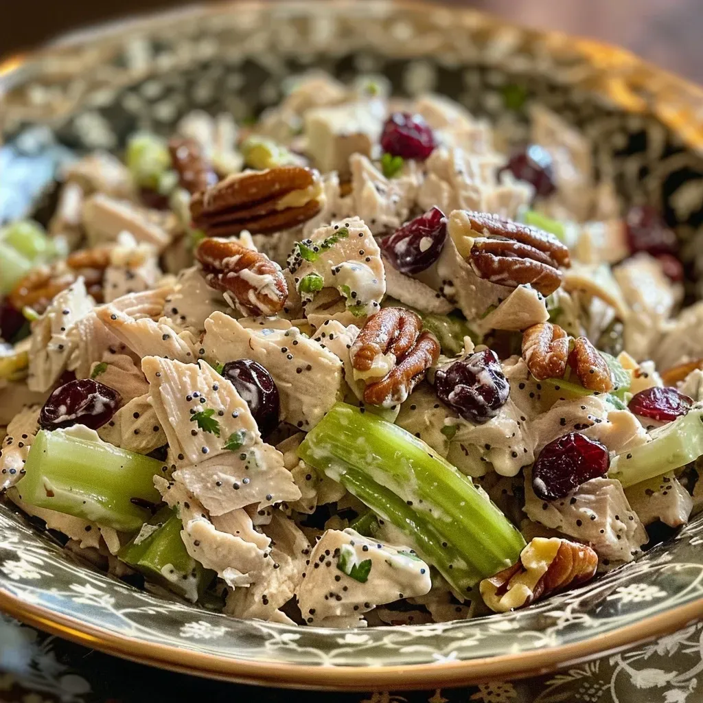 Close-up of a colorful chopped turkey salad with honey mustard dressing.