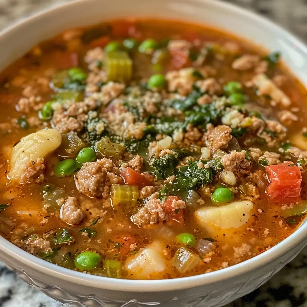 ['Close-up of a steaming bowl of turkey soup with visible vegetables and herbs.', 'Side view of a delicious turkey soup, showcasing chunks of turkey and fresh ingredients.', 'Juicy turkey soup displayed in a bowl, highlighting the rich broth and colorful veggies.', 'Close-up image of turkey soup, emphasizing the texture and ingredients like carrots and celery.']