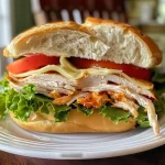['Close-up view of a delicious turkey sub on a wooden surface.', 'Juicy turkey sub sandwich with fresh toppings showcased from the side.', 'Side-angle shot of a turkey sub loaded with cheese and vegetables.', 'Detailed image of a turkey sub with ingredients visible, including lettuce and tomato.']