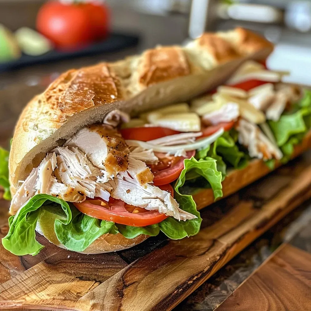 ['Close-up view of a delicious turkey sub on a wooden surface.', 'Juicy turkey sub sandwich with fresh toppings showcased from the side.', 'Side-angle shot of a turkey sub loaded with cheese and vegetables.', 'Detailed image of a turkey sub with ingredients visible, including lettuce and tomato.']