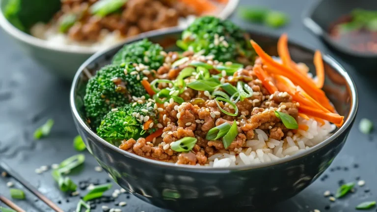 ['Close-up of a tasty ground turkey rice bowl with vibrant vegetables.', 'Juicy ground turkey over fluffy jasmine rice with broccoli and carrots.', 'Side view of a colorful rice bowl featuring ground turkey and fresh greens.', 'Deliciously arranged ground turkey rice bowl topped with green onions.']