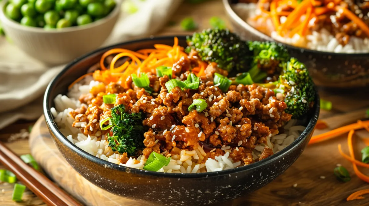 ['Close-up of a tasty ground turkey rice bowl with vibrant vegetables.', 'Juicy ground turkey over fluffy jasmine rice with broccoli and carrots.', 'Side view of a colorful rice bowl featuring ground turkey and fresh greens.', 'Deliciously arranged ground turkey rice bowl topped with green onions.']