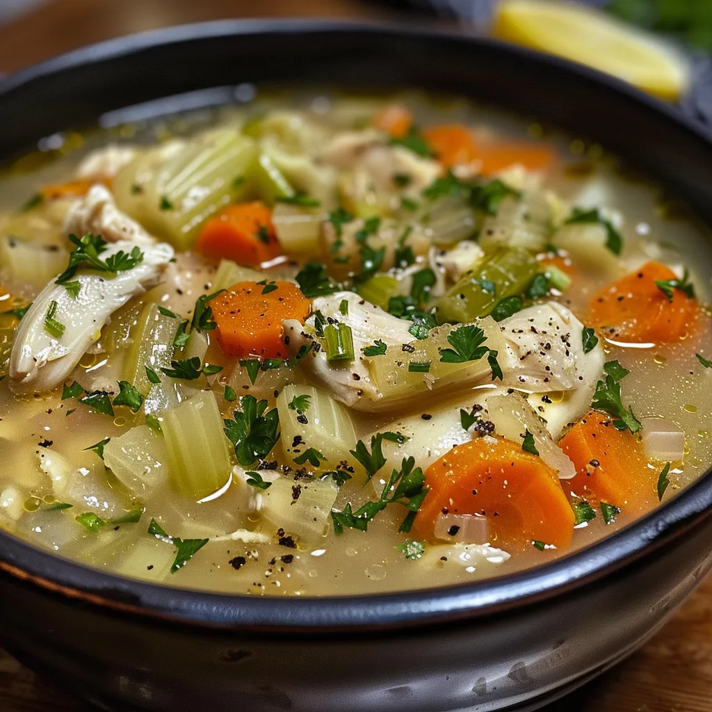 ['Close-up view of a bowl of roasted garlic chicken soup with fresh herbs.', 'Side view of a steaming bowl filled with roasted garlic chicken soup and colorful vegetables.', 'Delicious roasted garlic chicken soup in a bowl, garnished with parsley.', 'A rich and hearty roasted garlic chicken soup showcasing tender chicken and garlic cloves.']