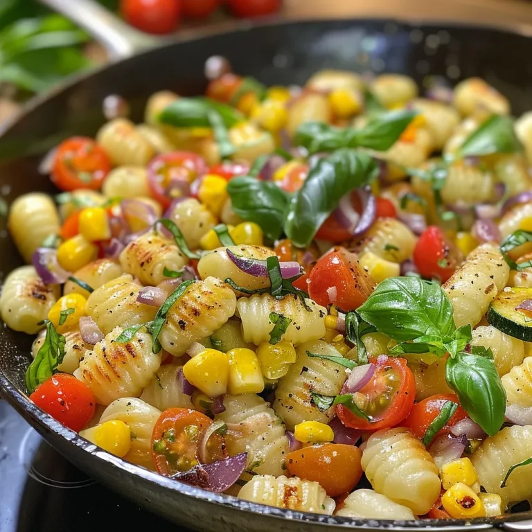 ['Close-up view of Creamy Summer Veggie Gnocchi Skillet with vibrant vegetables and gnocchi.', 'A colorful dish of creamy gnocchi adorned with zucchini, corn, and cherry tomatoes.', 'Side view of a skillet filled with creamy gnocchi, fresh vegetables, and herbs.', 'A tempting plate of gnocchi combined with summer vegetables and creamy sauce.']