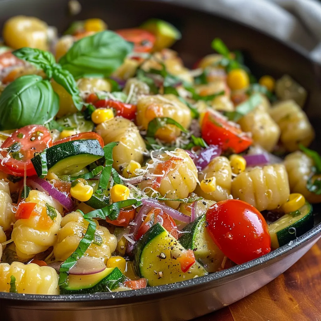 ['Close-up view of Creamy Summer Veggie Gnocchi Skillet with vibrant vegetables and gnocchi.', 'A colorful dish of creamy gnocchi adorned with zucchini, corn, and cherry tomatoes.', 'Side view of a skillet filled with creamy gnocchi, fresh vegetables, and herbs.', 'A tempting plate of gnocchi combined with summer vegetables and creamy sauce.']