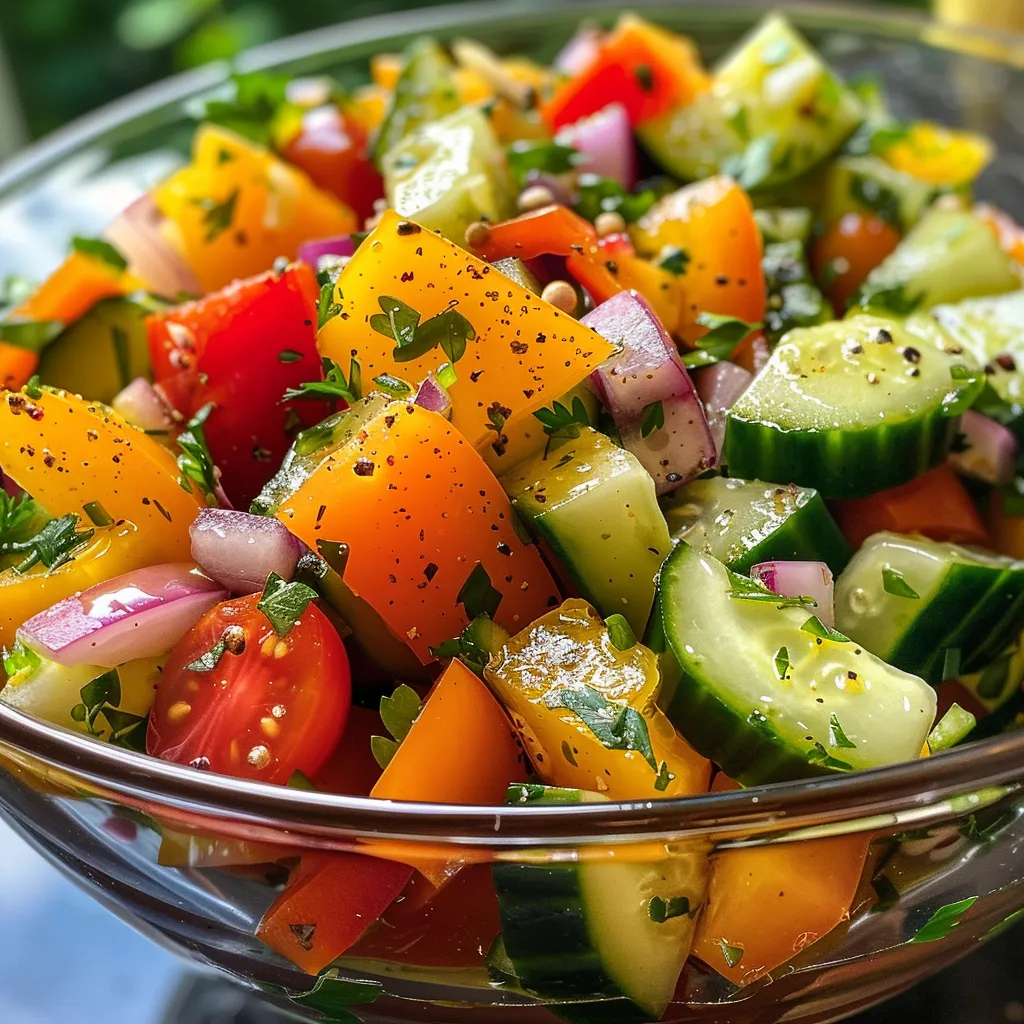 ['Close-up view of a vibrant chopped vegetable salad with colorful ingredients.', 'A side view of a fresh, chopped vegetable salad featuring cucumbers, bell peppers, and tomatoes.', 'Juicy chopped vegetable salad with a mix of yellow and orange bell peppers, cucumbers, and red onion.', 'A colorful assortment of chopped vegetables in a bowl, showcasing fresh ingredients and textures.']