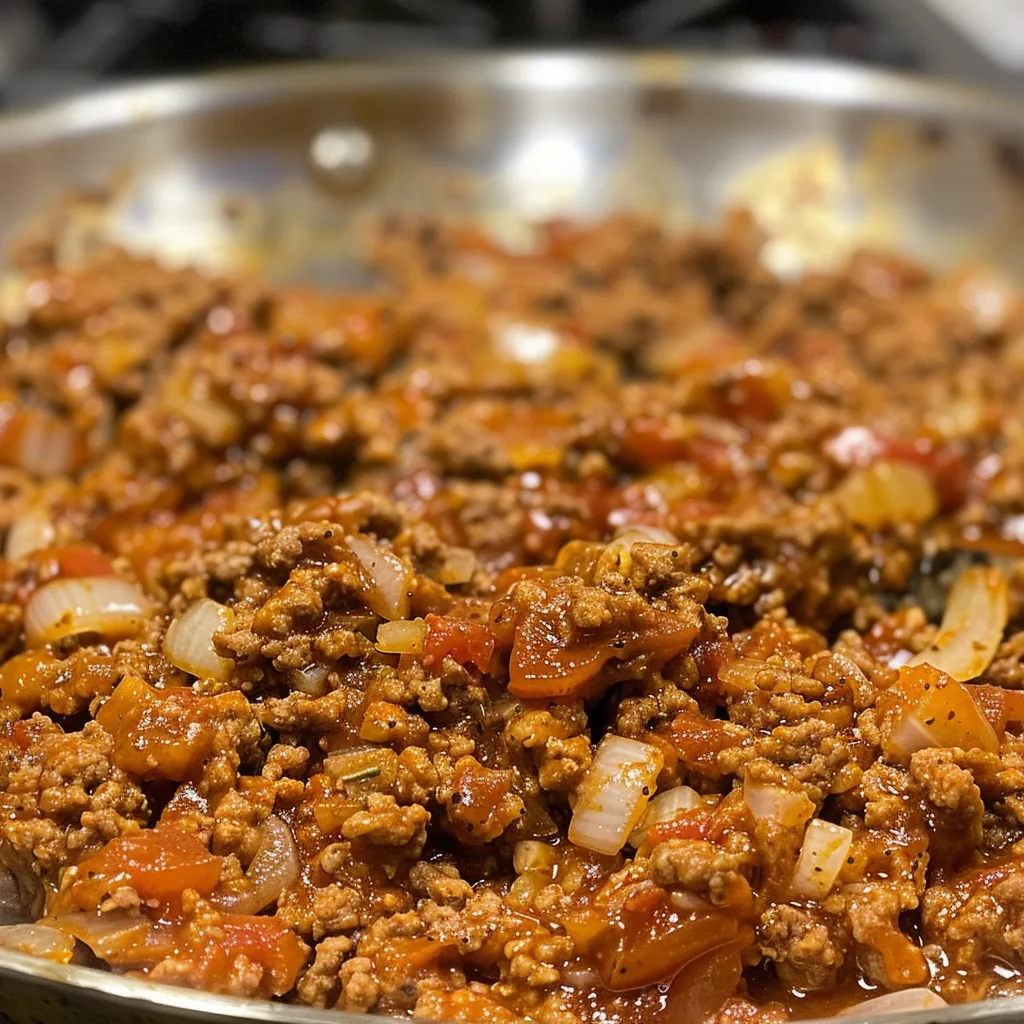 Close-up view of seasoned taco meat in a skillet, featuring ground turkey and spices.