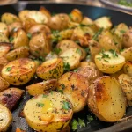 ['Close-up view of herbed skillet potatoes with golden-brown edges and fresh herbs.', 'Juicy baby Yukon gold potatoes sautéed with garlic and rosemary on a skillet.', 'Side view of herbed skillet potatoes glistening in olive oil, garnished with parsley.', 'Cooked herbed potatoes in a cast iron skillet, showing crispy texture and vibrant herbs.']