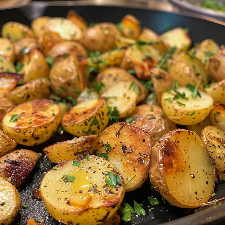 ['Close-up view of herbed skillet potatoes with golden-brown edges and fresh herbs.', 'Juicy baby Yukon gold potatoes sautéed with garlic and rosemary on a skillet.', 'Side view of herbed skillet potatoes glistening in olive oil, garnished with parsley.', 'Cooked herbed potatoes in a cast iron skillet, showing crispy texture and vibrant herbs.']