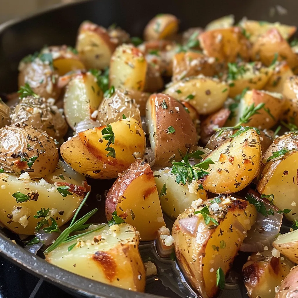 ['Close-up view of herbed skillet potatoes with golden-brown edges and fresh herbs.', 'Juicy baby Yukon gold potatoes sautéed with garlic and rosemary on a skillet.', 'Side view of herbed skillet potatoes glistening in olive oil, garnished with parsley.', 'Cooked herbed potatoes in a cast iron skillet, showing crispy texture and vibrant herbs.']