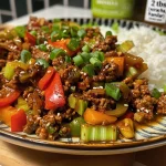 ['Close-up of juicy ground turkey stir fry with colorful vegetables.', 'Side view of a vibrant ground turkey stir fry with diced onions, peppers, and zucchini.', 'Delicious ground turkey stir fry featuring a mix of fresh veggies and garnished with sesame seeds.', 'Colorful stir fry with lean ground turkey, garnished with green onions and sesame seeds.']