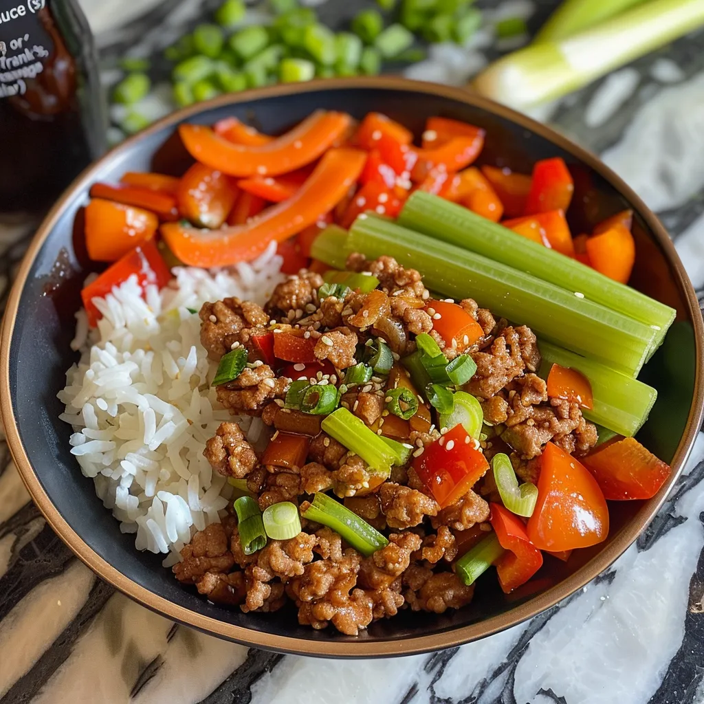 ['Close-up of juicy ground turkey stir fry with colorful vegetables.', 'Side view of a vibrant ground turkey stir fry with diced onions, peppers, and zucchini.', 'Delicious ground turkey stir fry featuring a mix of fresh veggies and garnished with sesame seeds.', 'Colorful stir fry with lean ground turkey, garnished with green onions and sesame seeds.']