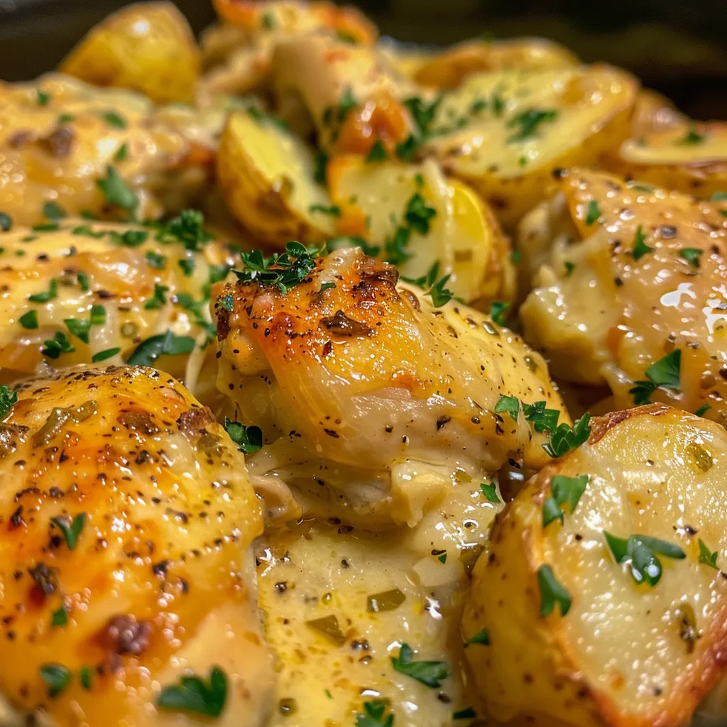 ['Close-up view of tender garlic parmesan chicken with baby potatoes in a crockpot.', 'Juicy chicken breasts and halved baby potatoes cooked in garlic parmesan sauce.', 'Side view of a delicious garlic parmesan chicken dish with potatoes in a slow cooker.', 'Luscious crockpot chicken and potatoes, garnished with fresh parsley.']