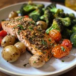 ["Close-up side view of a juicy Za'atar Garlic Salmon dish with colorful vegetables.", "Deliciously plated Za'atar Garlic Salmon, showcasing vibrant broccoli, grape tomatoes, and baby potatoes.", "A succulent piece of Za'atar Garlic Salmon surrounded by roasted baby potatoes and fresh vegetables.", "Side view of Za'atar Garlic Salmon, highlighting its moist texture and the bright colors of accompanying ingredients."]