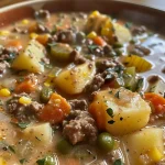 ['A creamy beef and vegetable soup in a white bowl, garnished with herbs.', 'Close-up view of a hearty beef and vegetable soup with a creamy texture and colorful ingredients.', 'A side view of a bowl of creamy soup filled with ground beef and mixed vegetables.', 'Thick creamy beef soup featuring potatoes and a variety of vegetables in a rustic bowl.']