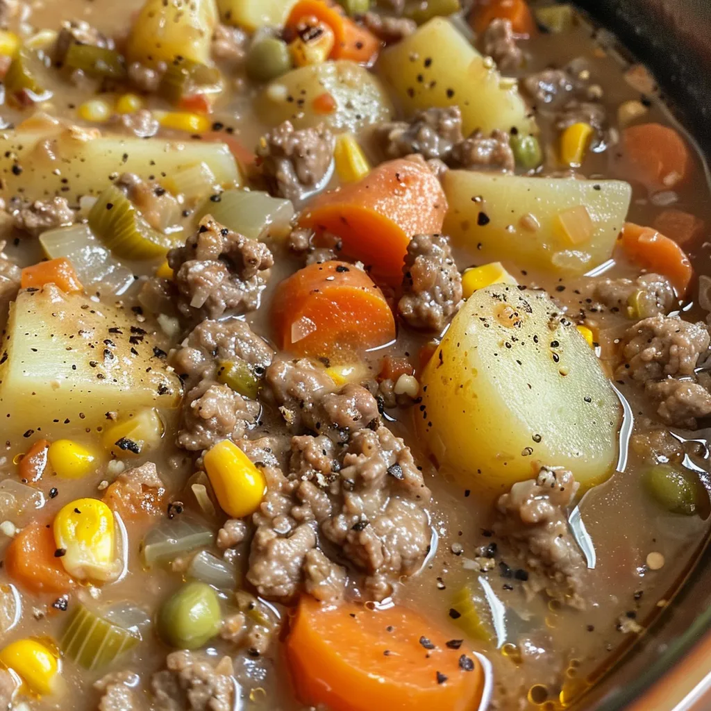 ['A creamy beef and vegetable soup in a white bowl, garnished with herbs.', 'Close-up view of a hearty beef and vegetable soup with a creamy texture and colorful ingredients.', 'A side view of a bowl of creamy soup filled with ground beef and mixed vegetables.', 'Thick creamy beef soup featuring potatoes and a variety of vegetables in a rustic bowl.']