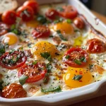 ['Close-up view of Baked Feta Eggs with cherry tomatoes and herbs.', 'Juicy Baked Feta Eggs garnished with fresh basil beside crusty bread.', 'Side view of melted feta cheese with eggs and blistered tomatoes.', 'Delicious Baked Feta Eggs in a dish, featuring vibrant colors and textures.']