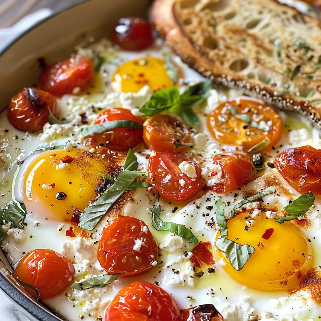 ['Close-up view of Baked Feta Eggs with cherry tomatoes and herbs.', 'Juicy Baked Feta Eggs garnished with fresh basil beside crusty bread.', 'Side view of melted feta cheese with eggs and blistered tomatoes.', 'Delicious Baked Feta Eggs in a dish, featuring vibrant colors and textures.']