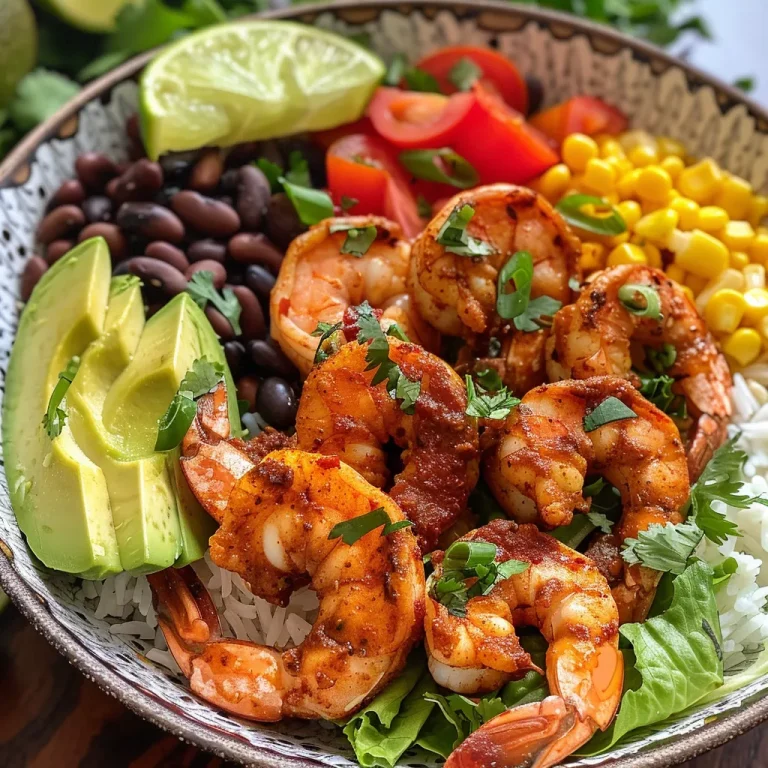 ['Close-up view of a colorful shrimp taco bowl with fresh ingredients.', 'Delicious shrimp taco bowl highlighting shrimp, vegetables, and creamy sauce.', 'Juicy shrimp taco bowl featuring vibrant toppings and creamy chipotle drizzle.', 'Side view of a shrimp taco bowl filled with rice, shrimp, and fresh garnishes.']