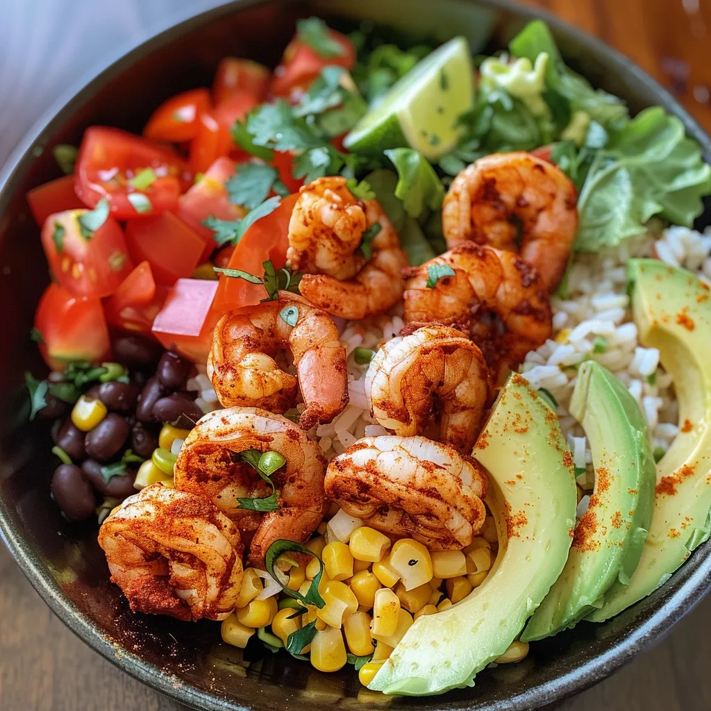 ['Close-up view of a colorful shrimp taco bowl with fresh ingredients.', 'Delicious shrimp taco bowl highlighting shrimp, vegetables, and creamy sauce.', 'Juicy shrimp taco bowl featuring vibrant toppings and creamy chipotle drizzle.', 'Side view of a shrimp taco bowl filled with rice, shrimp, and fresh garnishes.']